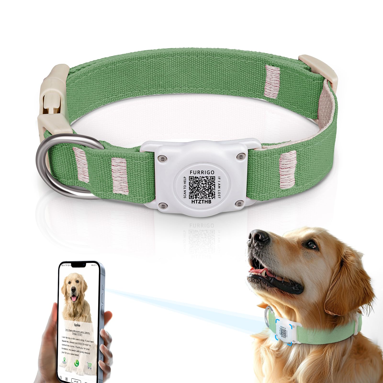 Collar Furrigo con etiqueta rastreadora y código QR para localización rápida.