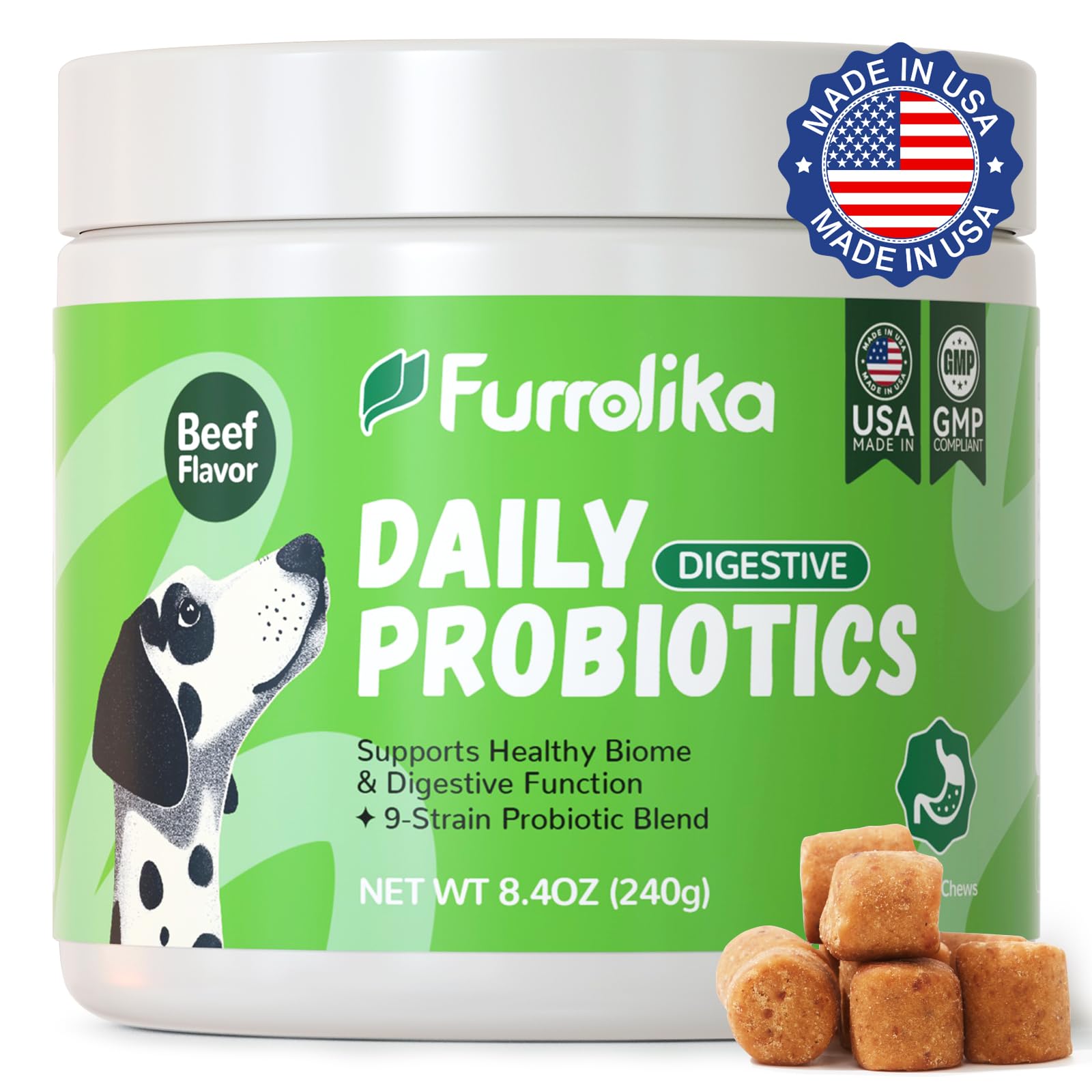 Furrolika Probioticos Perros gomitas sabor carne; apoyo digestivo suave.