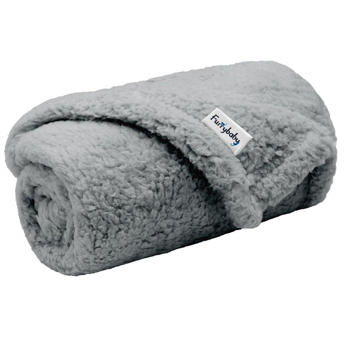Manta furrybaby para perro pequeño en sherpa gris, ideal para paseos y descansar.