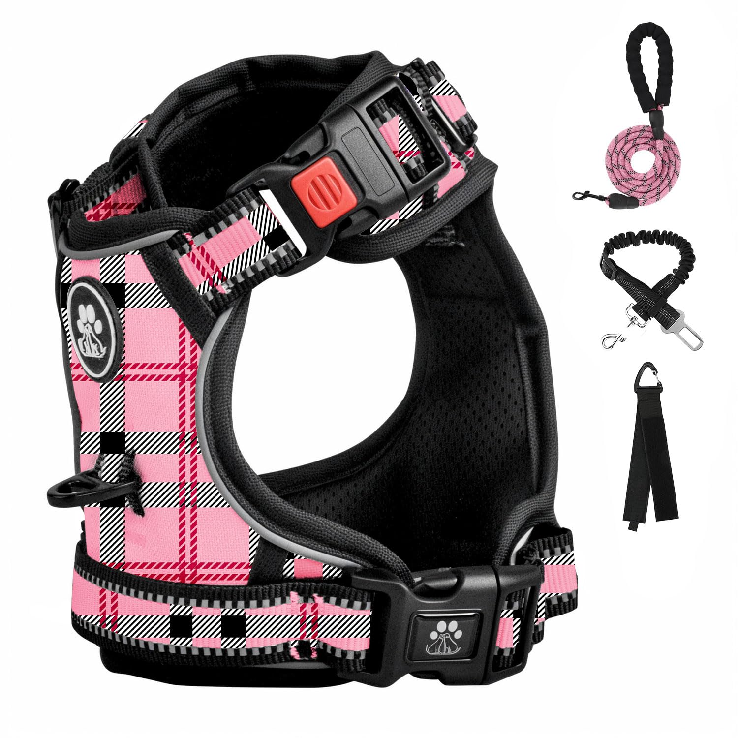 Arnés FURRYFECTION con cuadros y anillo trasero para paseos seguros.