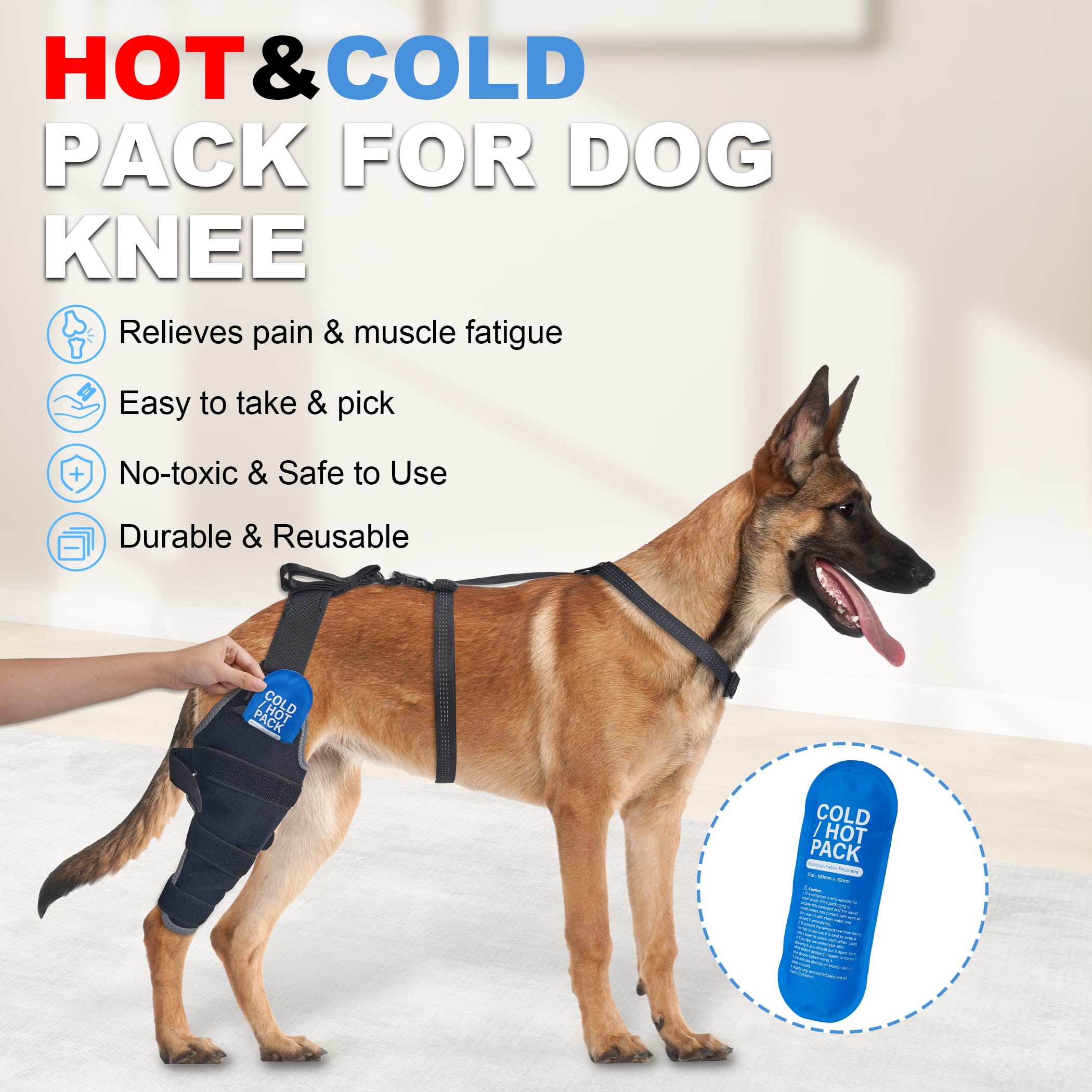 Gel frío utilizado con la ortesis Furtent para reducir inflamación en la rodilla del perro