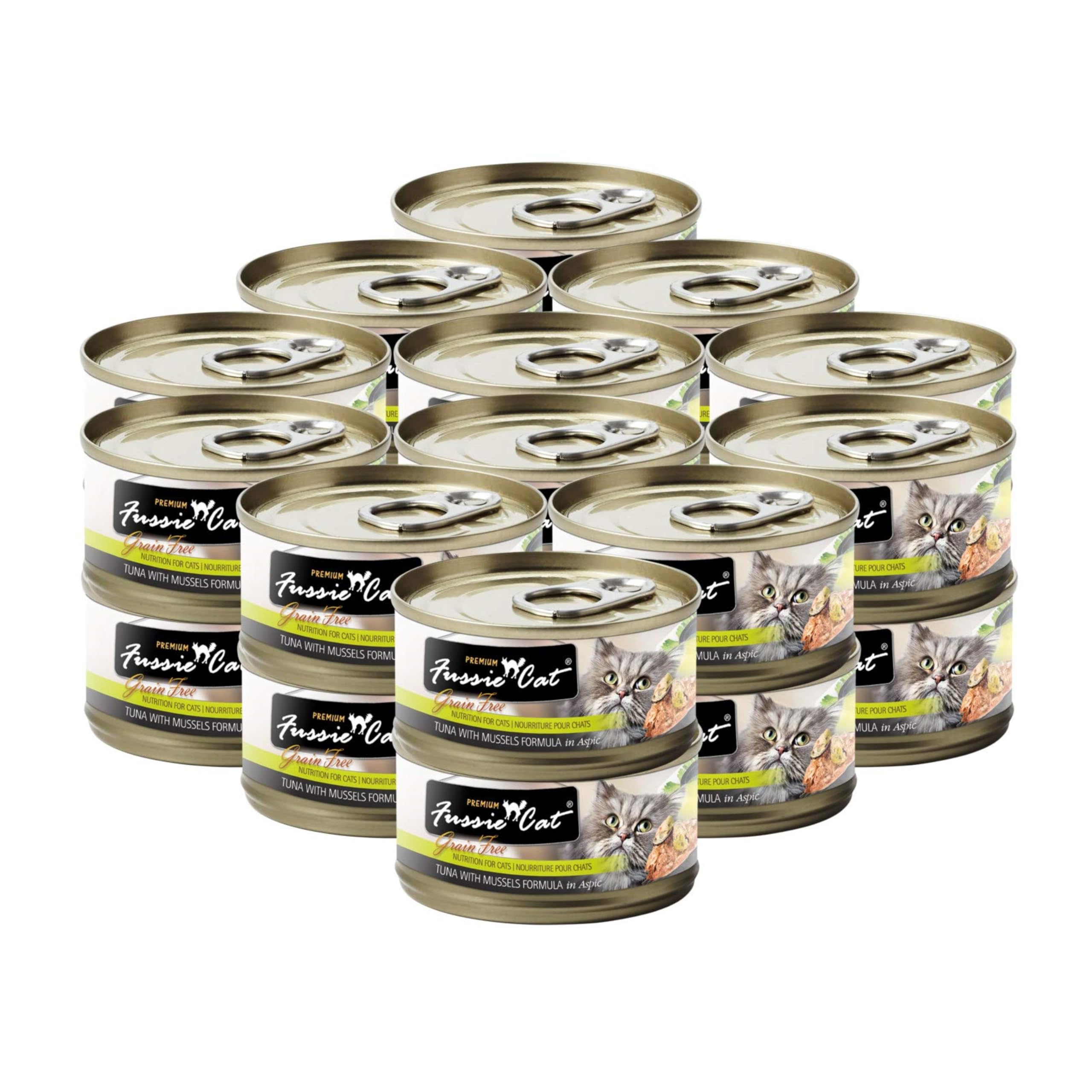 Fussie Cat atún y mejillones en aspic en lata, sabor premium para gatos.