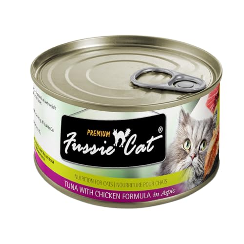 Fussie Cat Premium atún con pollo, lata etiqueta: información clara de ingredientes y nutrición