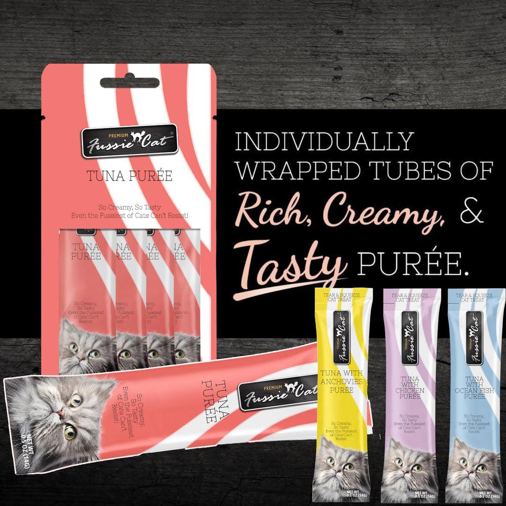Fussie Cat Puré Lickable, 4 sabores de atún para variar el snack.