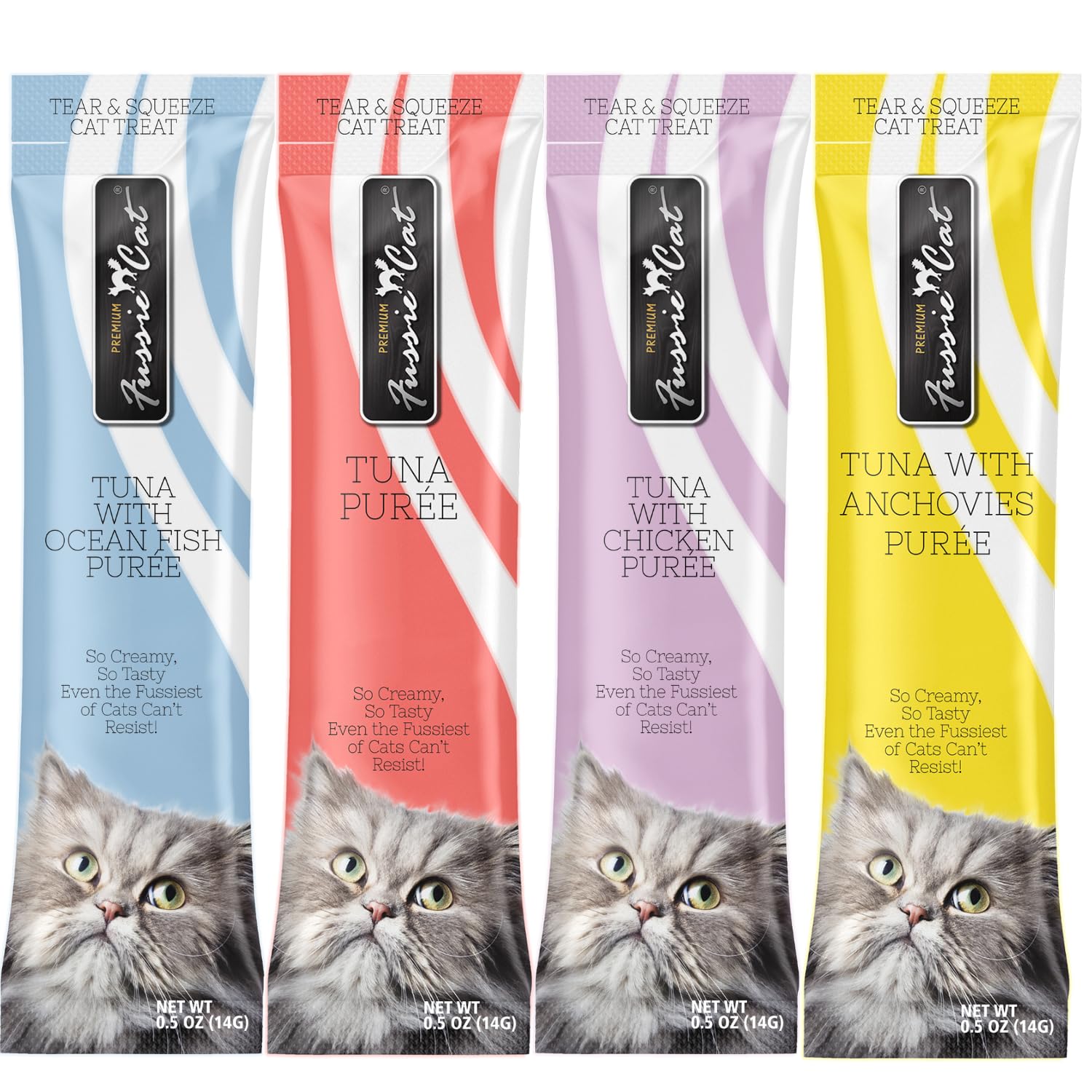 Puré de atún Fussie Cat, textura cremosa en tubos para porciones controladas.