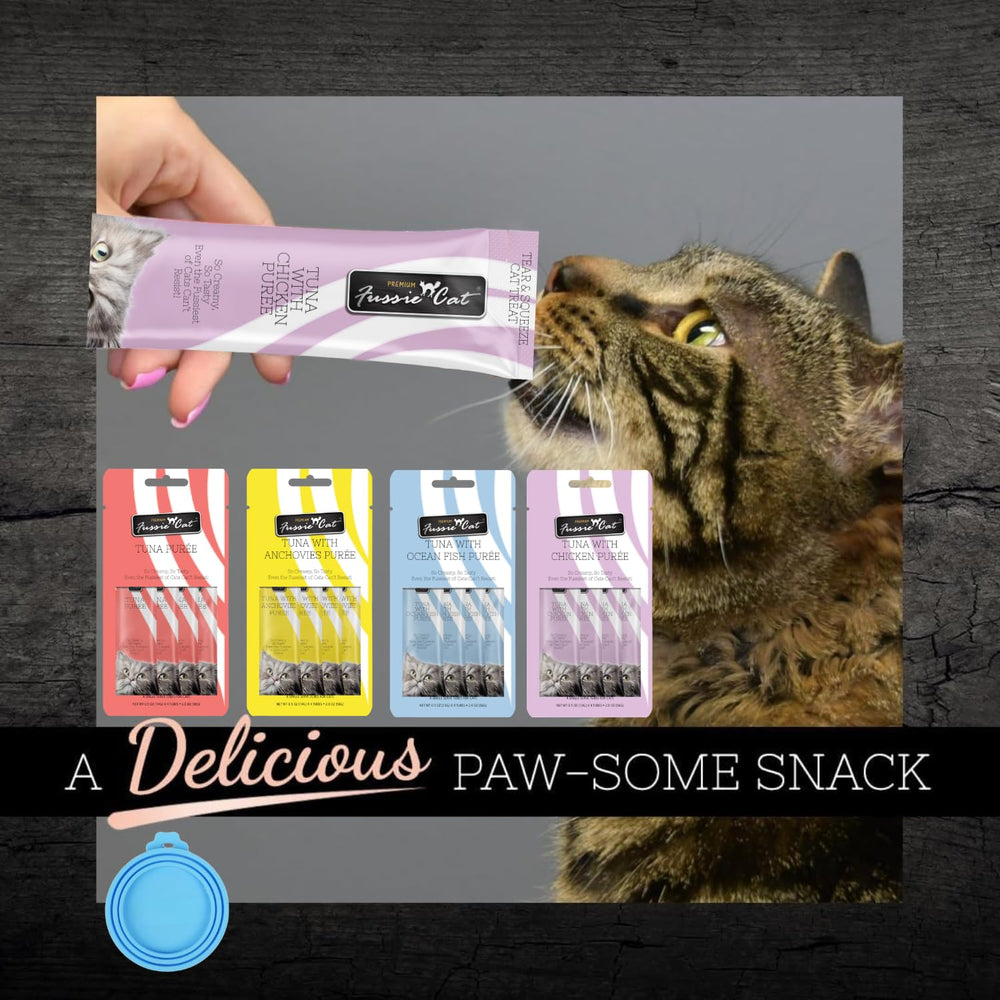 Tubos de Fussie Cat Puré Lickable, porción individual para snack rápido.