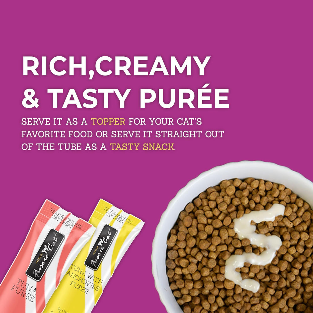 Purée Fussie Cat de atún con salmón, fuente de proteína para felinos selectivos.