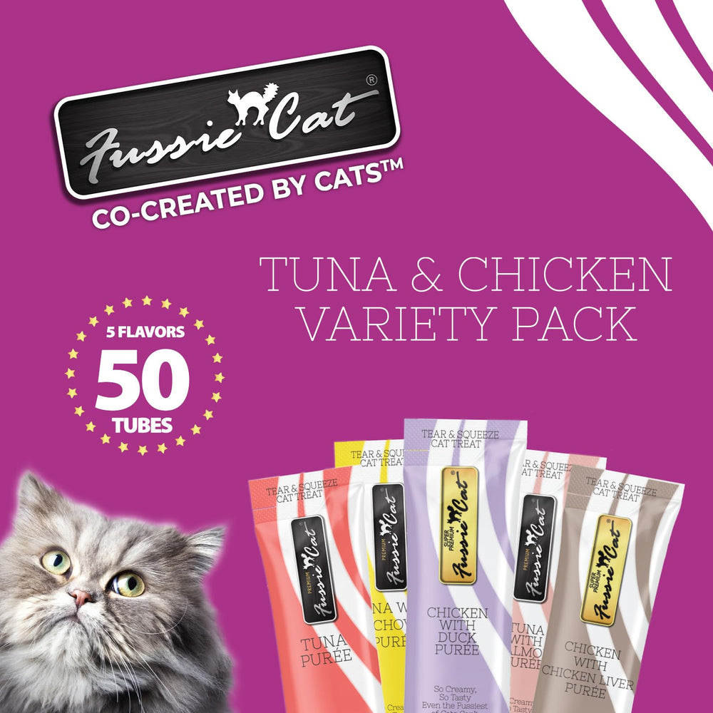 Fussie Cat purée en tubo, sabor atún, cómodo para premiar sesiones de juego.
