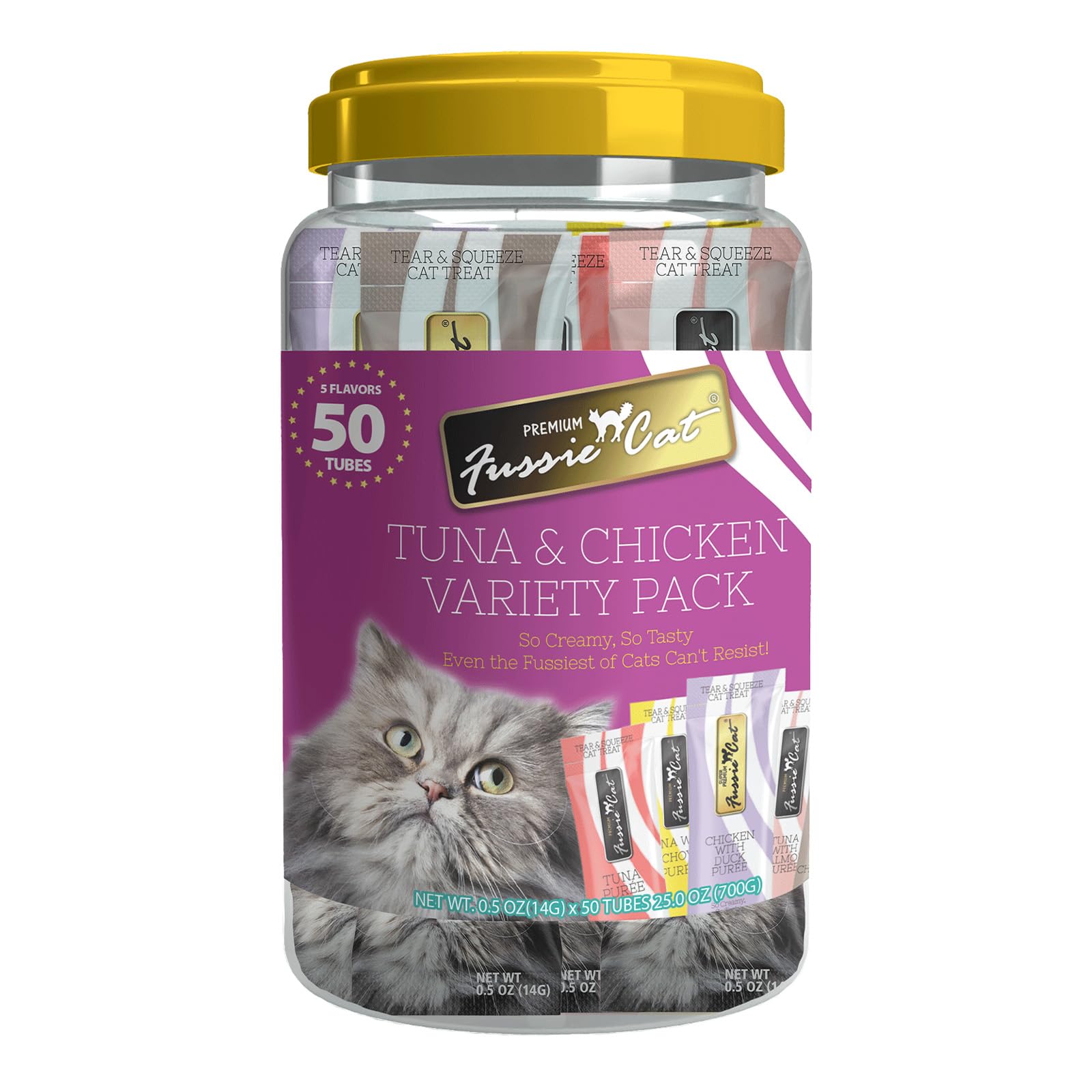 Fussie Cat purée en tubo, variedad 50, atún y pollo, ideal para enriquecer la hora de comer.