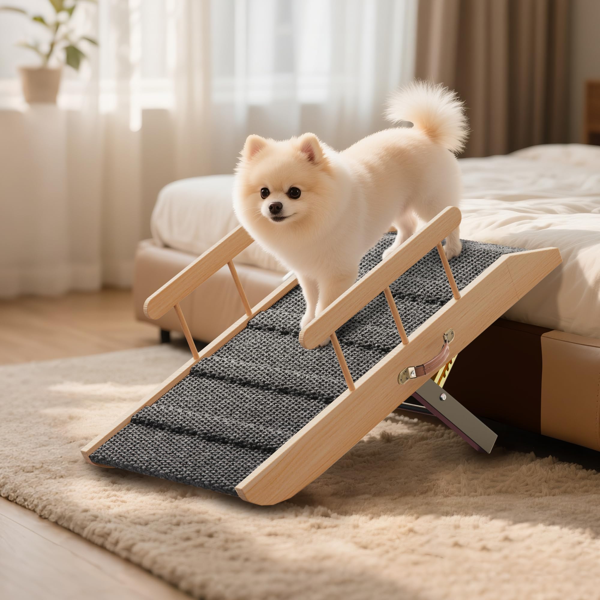 Rampa Fuzzipet para perro pequeño en cama, ajuste flexible para subir.