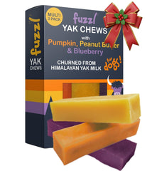 Fuzzl Yak Chews arándano: empaque atractivo para perros.