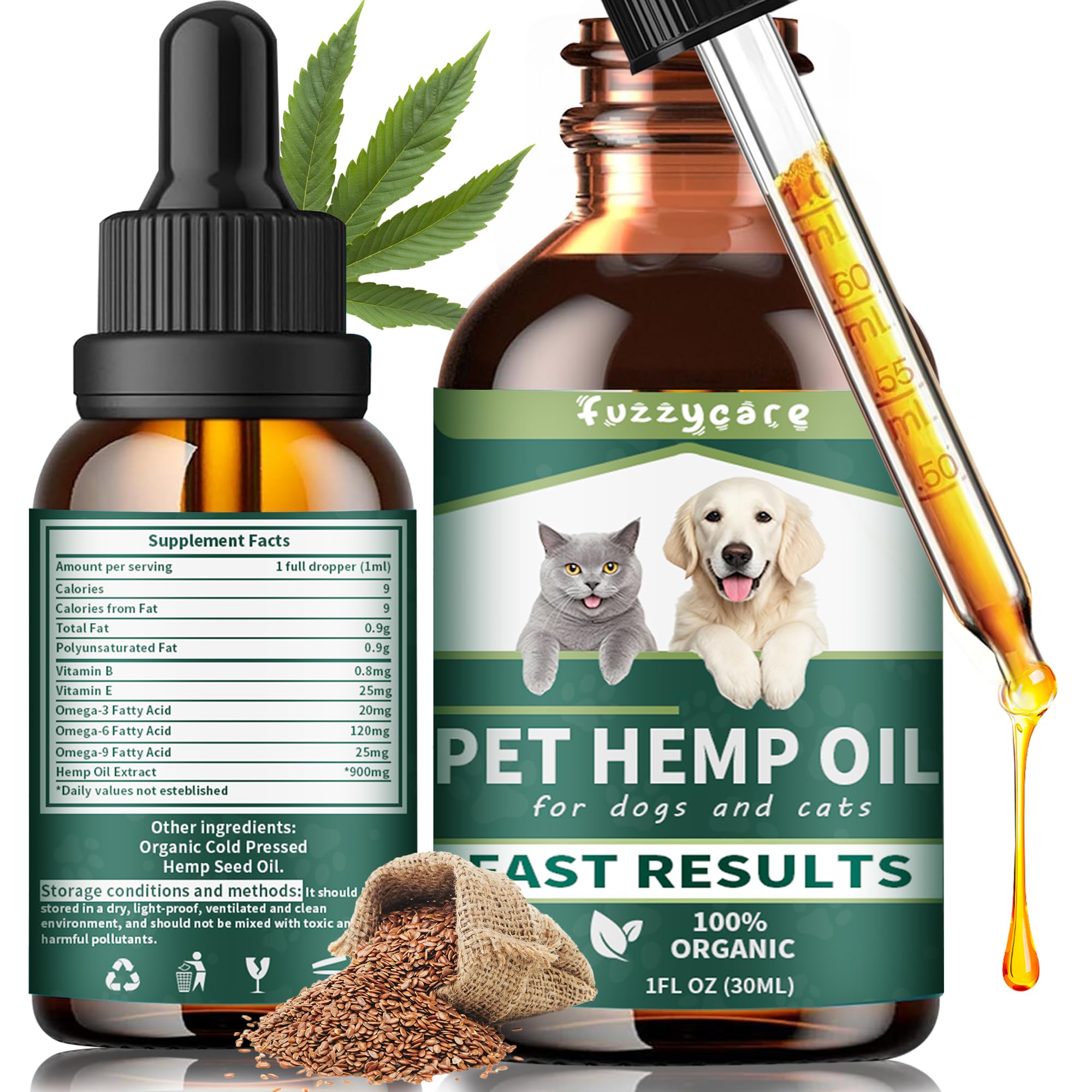 Fuzzycare botella de aceite de cáñamo para perros y gatos, apoyo calmante.
