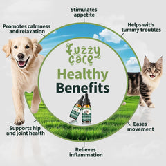 Fuzzycare gotero de aceite de cáñamo para dosis diaria en mascotas.