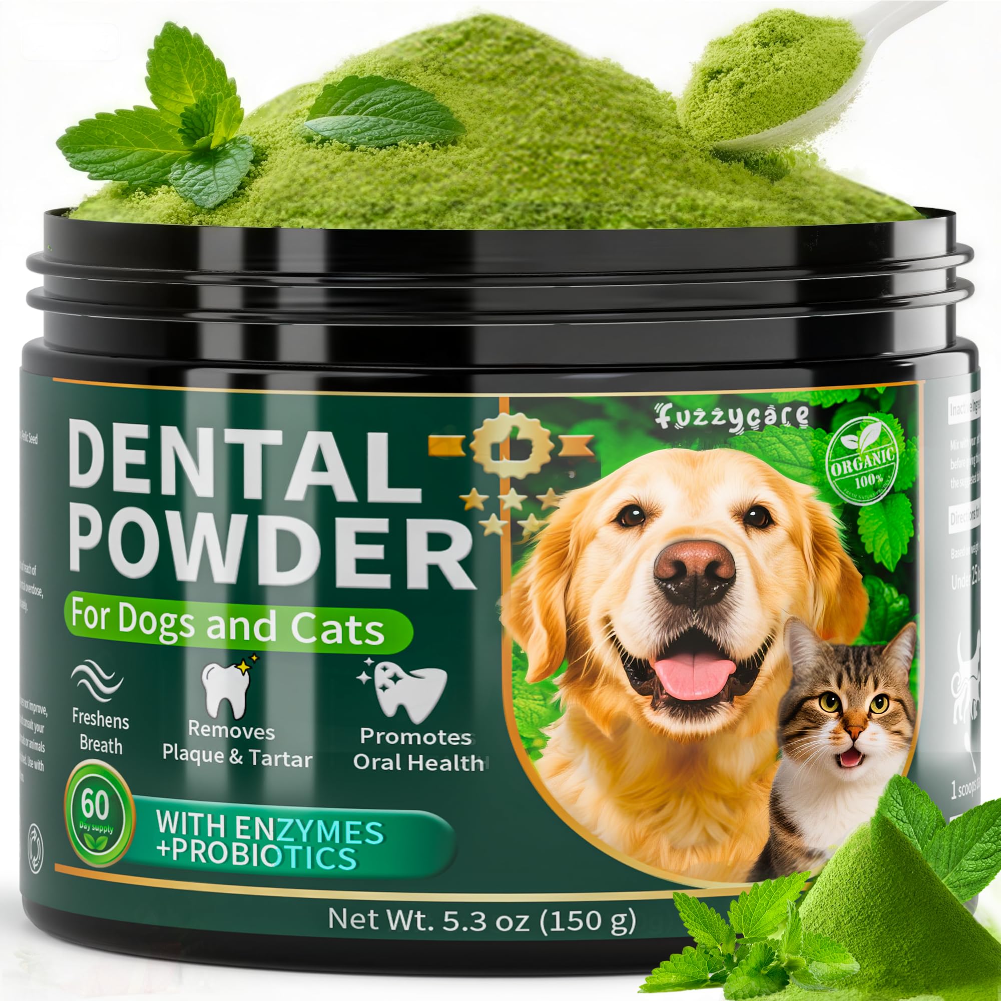 Polvo dental Fuzzycare en bote para perros y gatos, ayuda a mantener el aliento fresco.