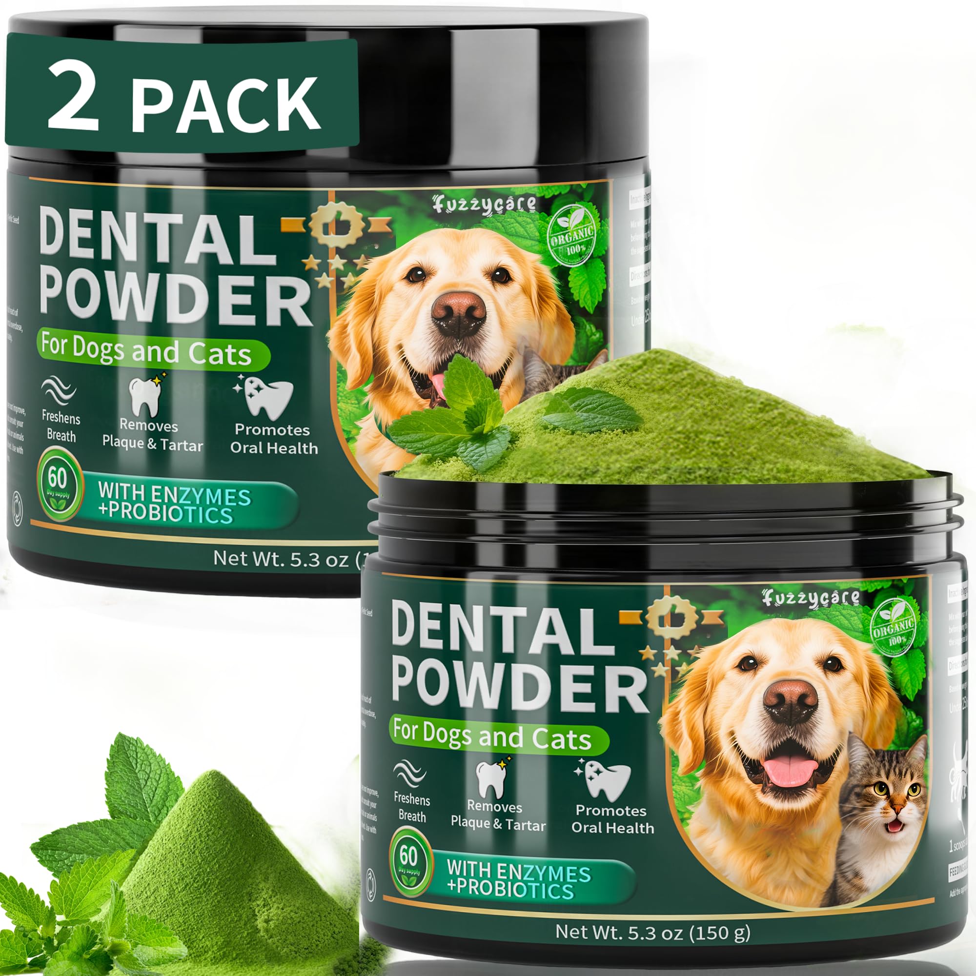 Fuzzycare polvo dental para perros, paquete frente, ayuda a mantener el aliento fresco.