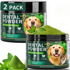 Fuzzycare polvo dental para perros, paquete frente, ayuda a mantener el aliento fresco.