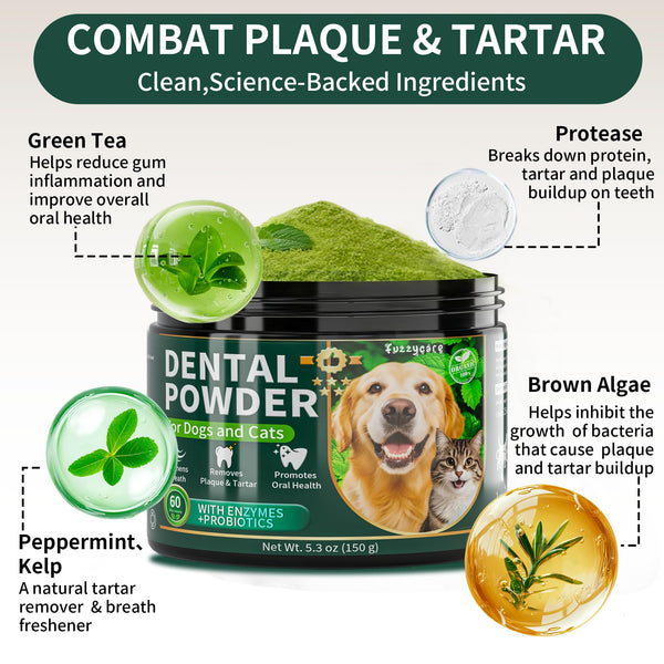 Fuzzycare polvo dental para perros, textura en polvo, facilita la limpieza suave.