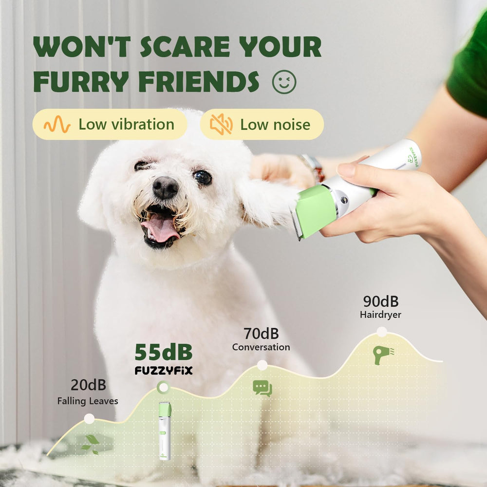 El cortapelos FuzzyFix de bajo ruido reduce el estrés del animal.