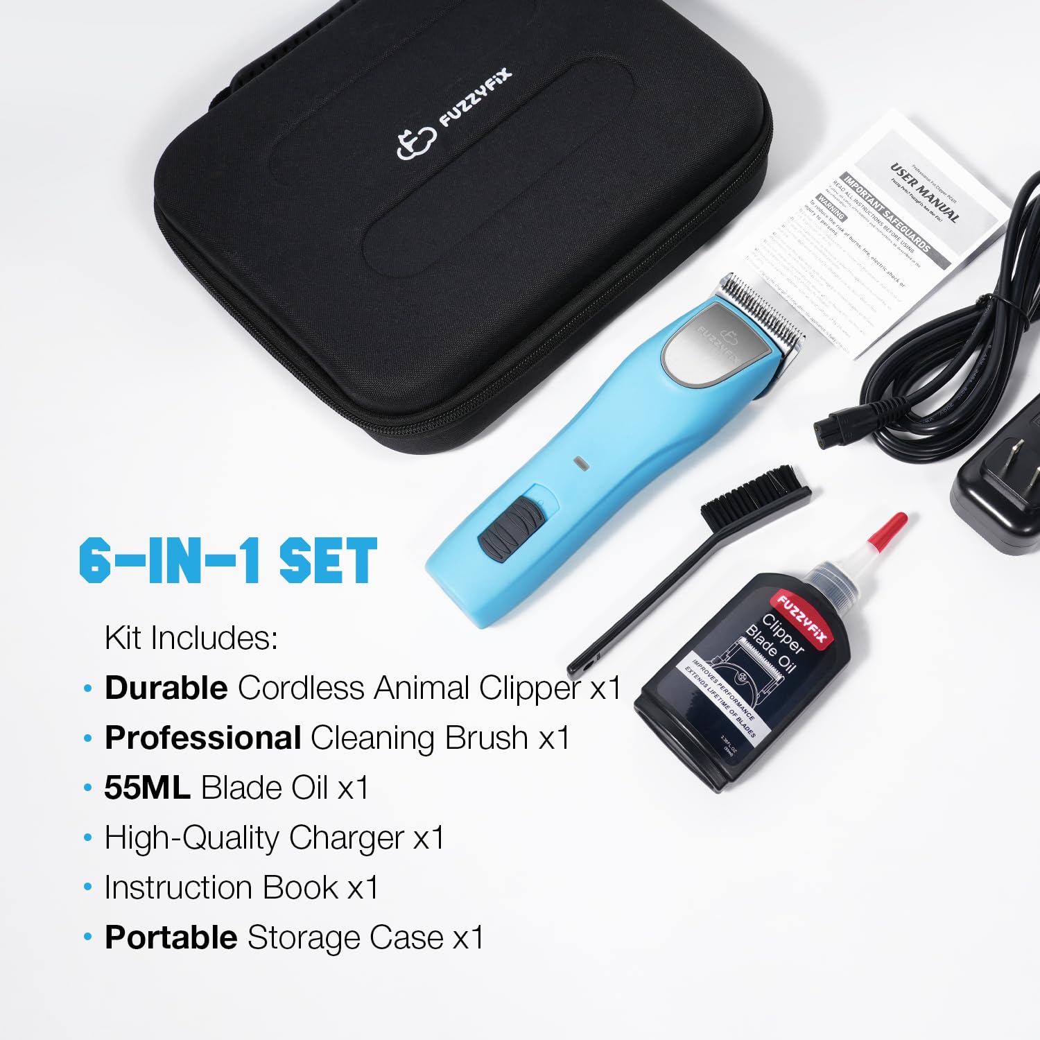 Cortapelos FuzzyFix estuche portátil para transportar y organizar herramientas.