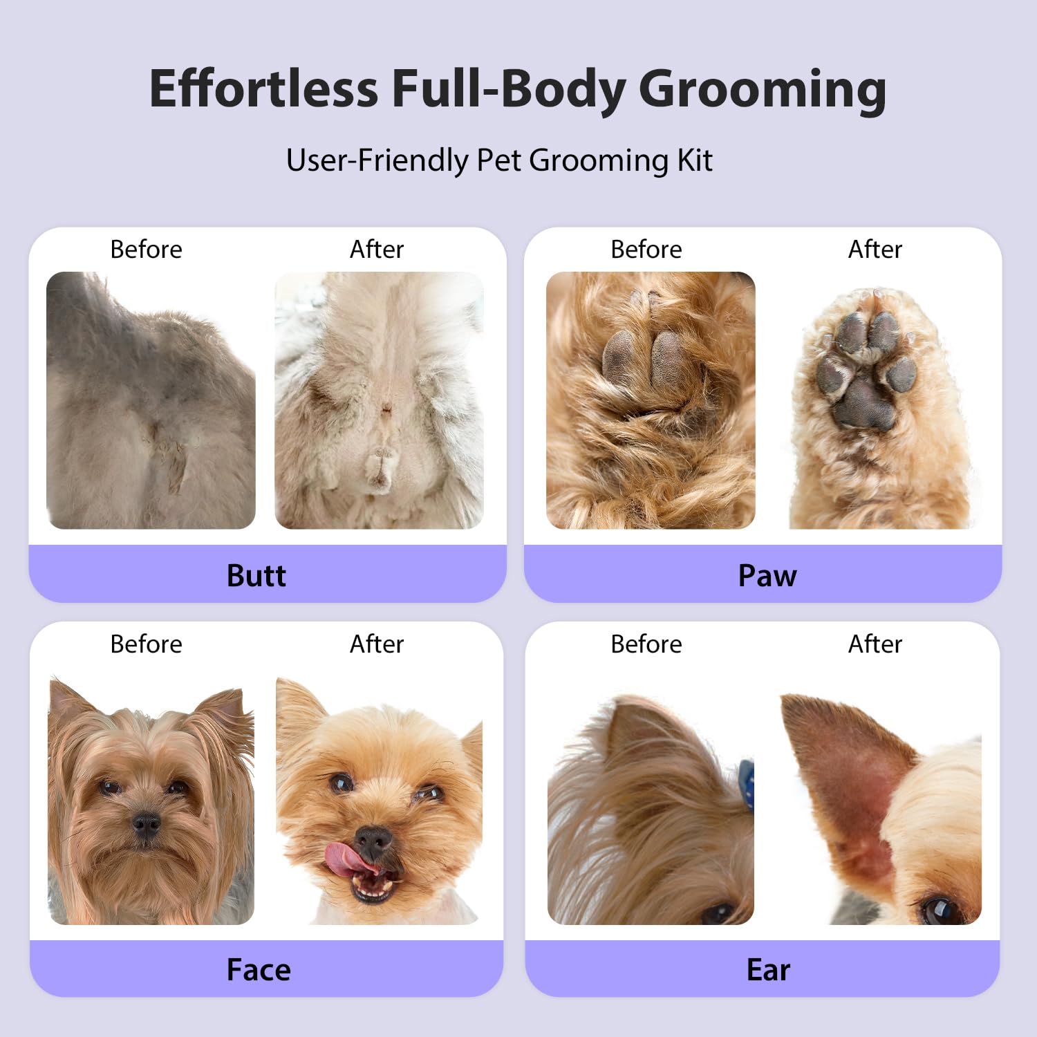 Diseño inalámbrico FuzzyFix para cuidado del pelaje cómodo y flexible.