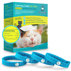Collar calmante FuzzyMilky en el cuello del gato para tranquilidad.