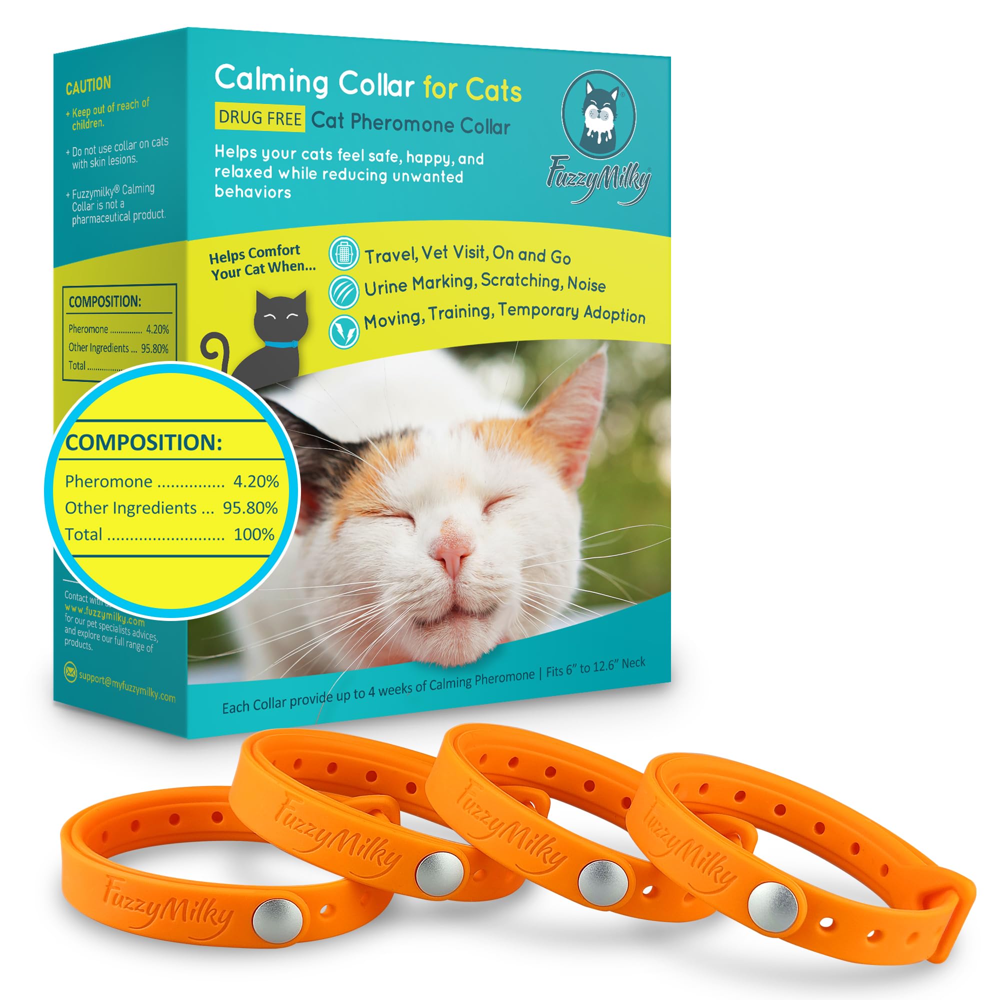 Collar calmante FuzzyMilky para gatos naranja, ayuda a relajar durante viajes y visitas al veterinario.