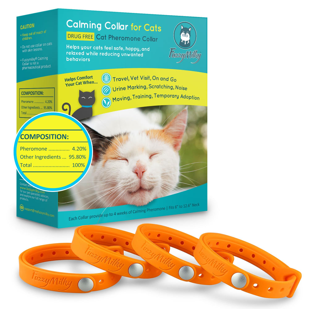 Collar calmante FuzzyMilky para gatos naranja, ayuda a relajar durante viajes y visitas al veterinario.