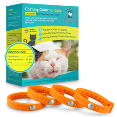 Collar calmante FuzzyMilky para gatos naranja, ayuda a relajar durante viajes y visitas al veterinario.