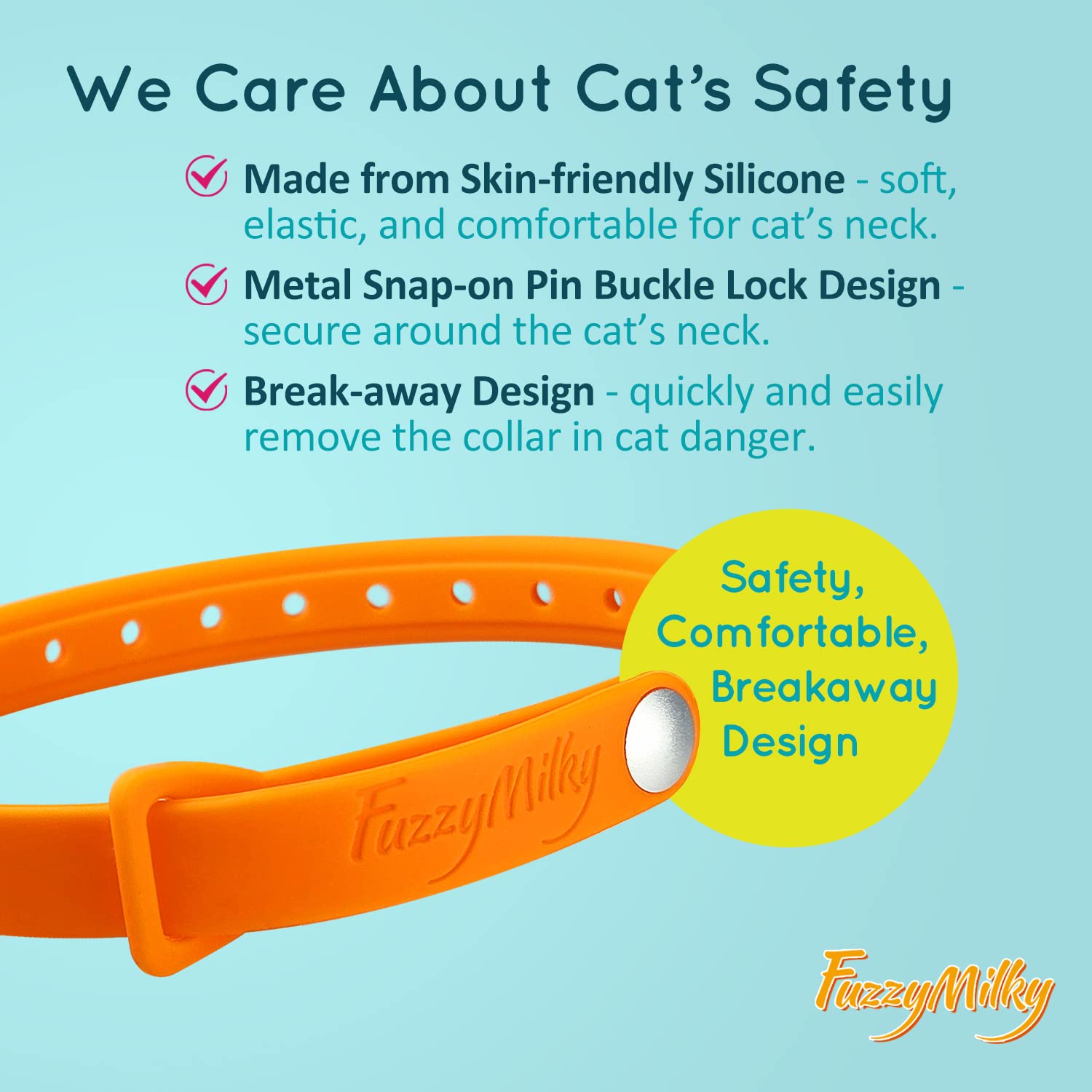 Collar FuzzyMilky con feromonas sintéticas para gatos, ofrece seguridad y calma.