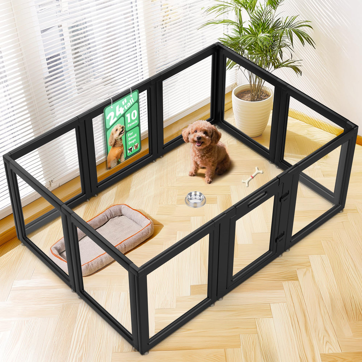 FXW AuraSpace paneles transparentes muestran dos zonas para cachorros con control de juego