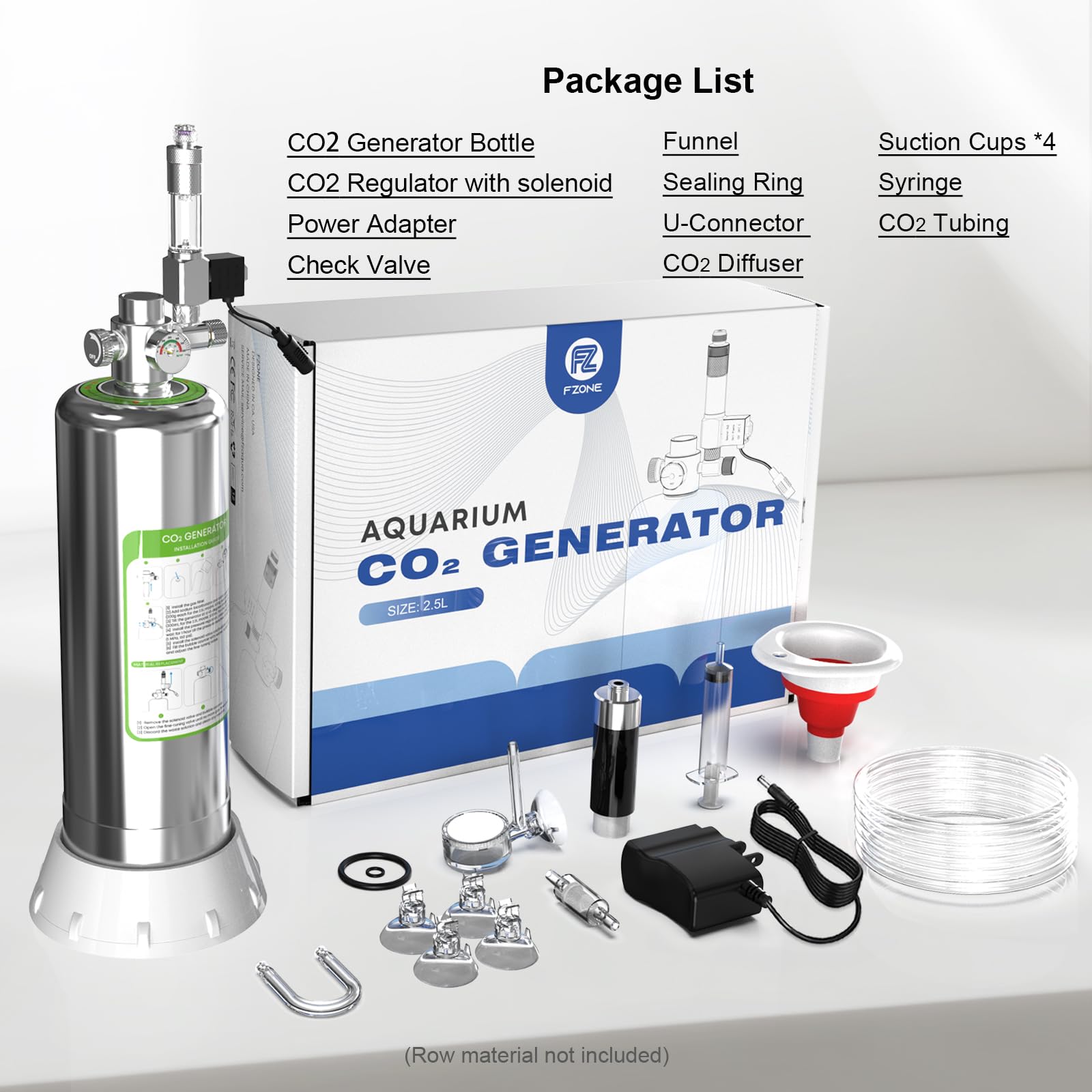 Accesorios completos FZONE CO₂ para instalación rápida y mantenimiento sencillo.