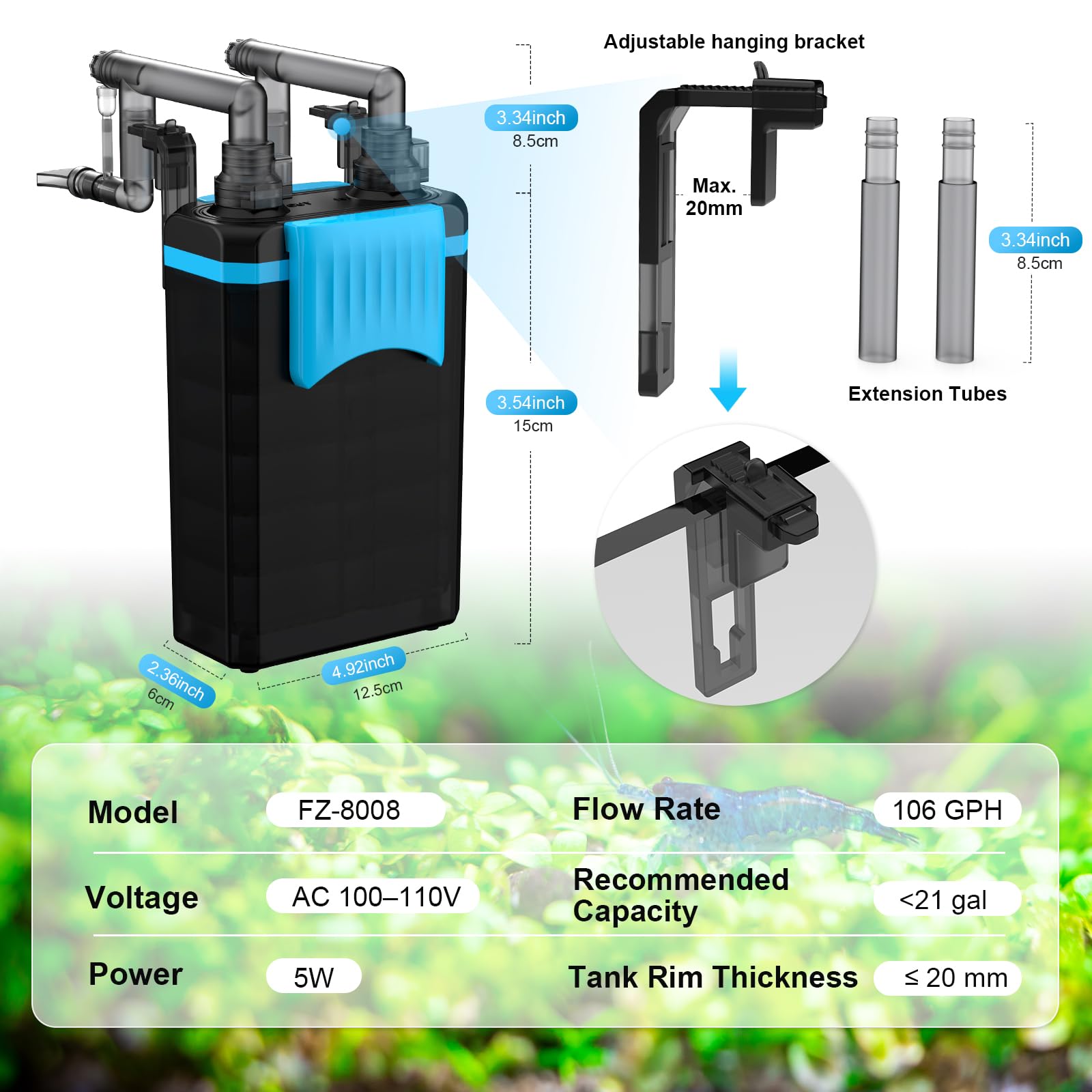 Filtro colgante FZONE para acuario nano, compatible con tanques pequeños