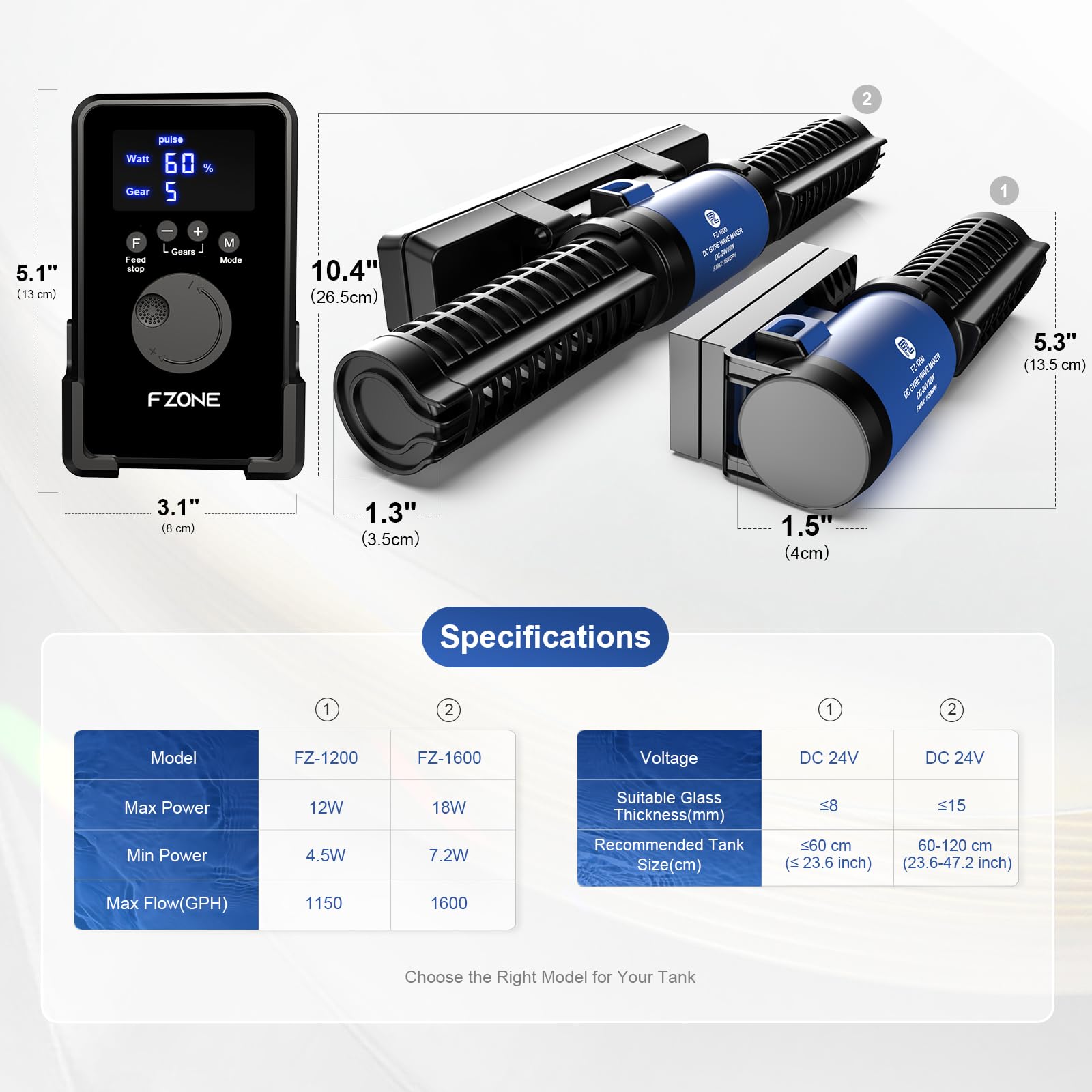 FZONE Nano Wave Maker modos de ola ajustables para simular corrientes.
