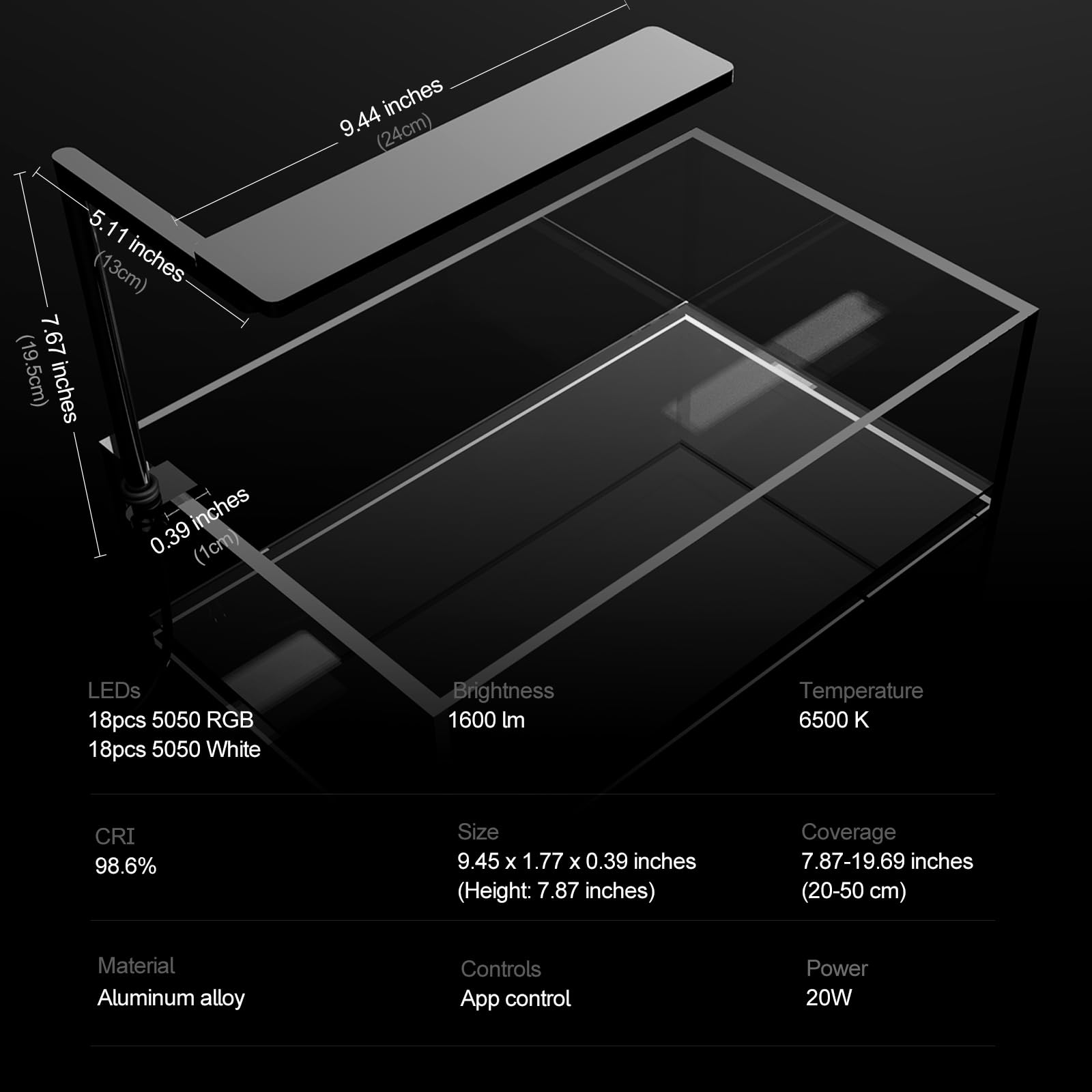 Carcasa de aluminio negro de diseño compacto para nano acuarios.