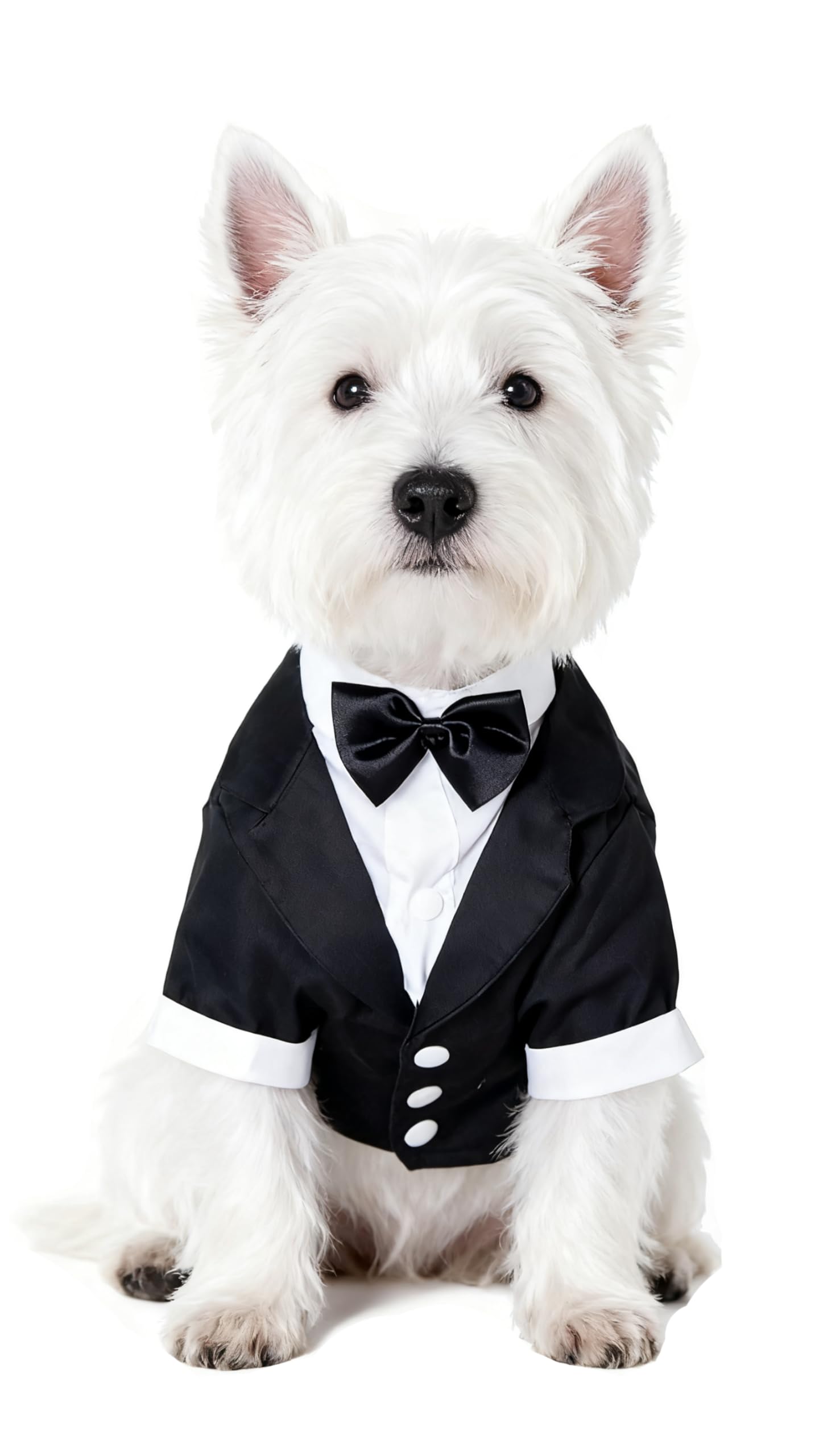 GabeFish chaqueta de boda para perros con corbatín negro, vista frontal.