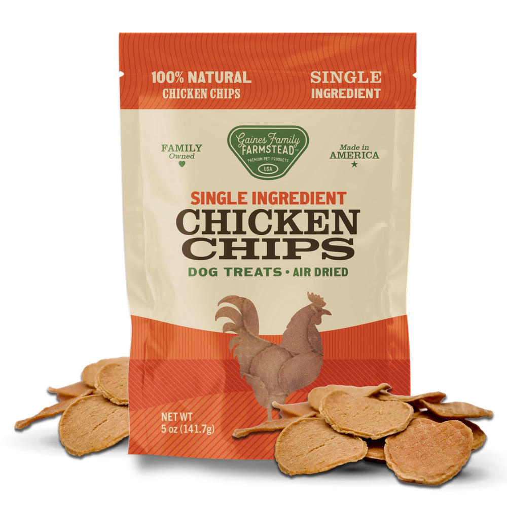 Chips de pollo Gaines Family Farmstead en empaque, snack natural para perros.