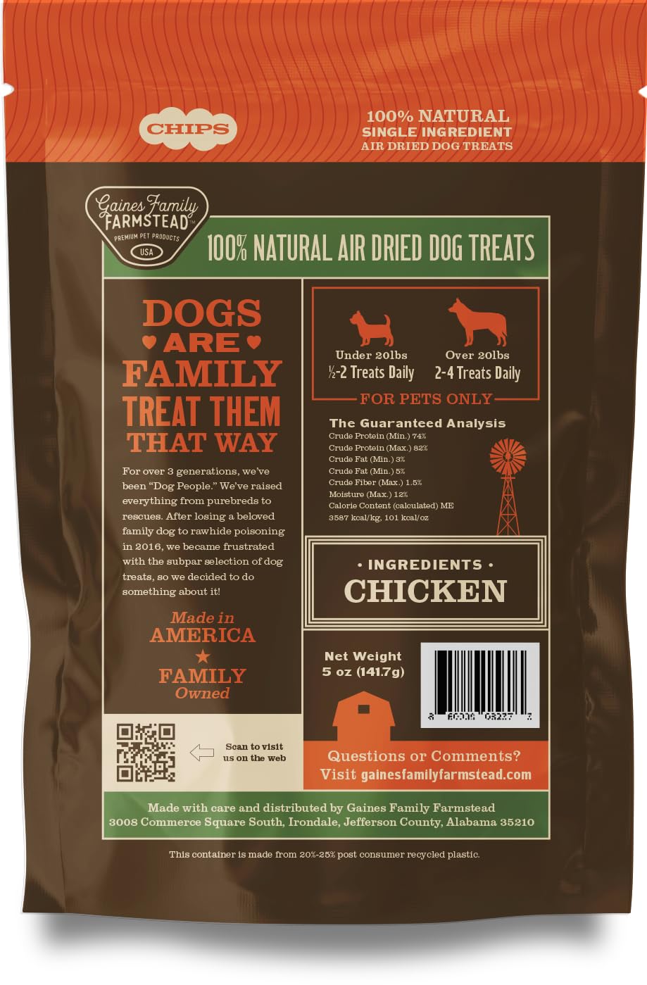 Chips de pollo Gaines Family Farmstead, opción sin maíz para perros sensibles.