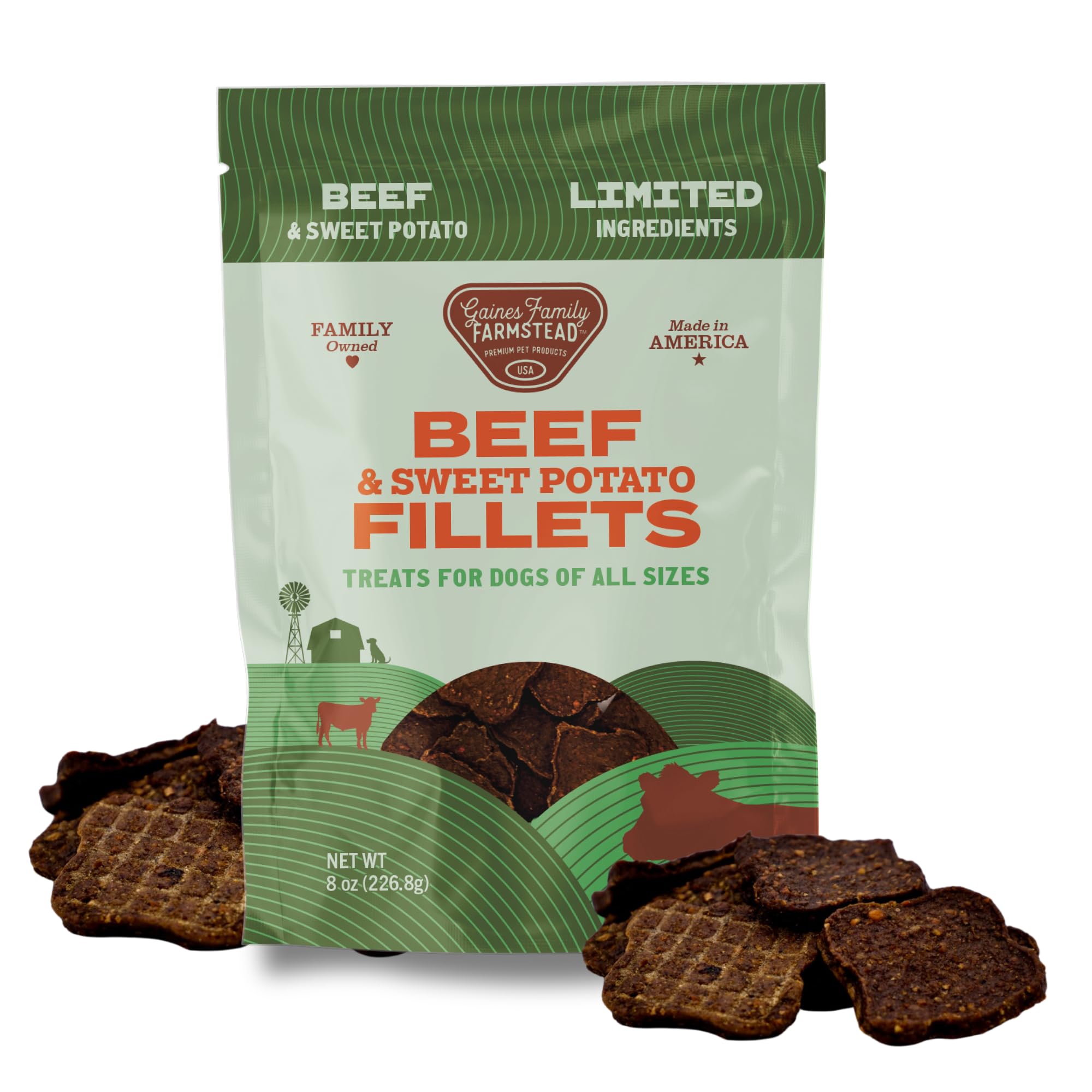GAINES FAMILY FARMSTEAD filetes de res y patata dulce, snack natural para perros activos.
