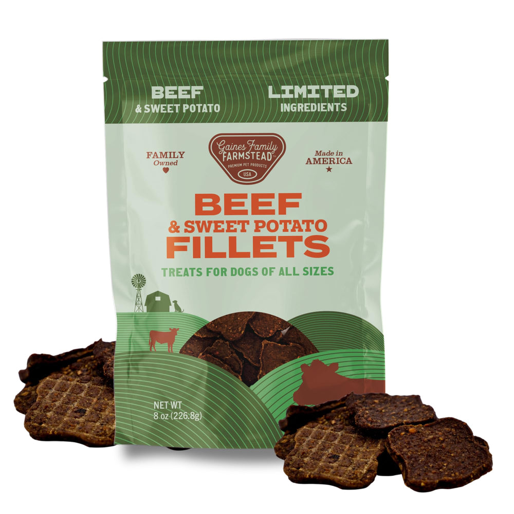 GAINES FAMILY FARMSTEAD filetes de res y patata dulce, snack natural para perros activos.