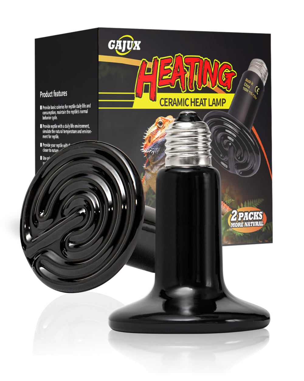 GAJUX emisor ceramico 100W, pack 2 para reptiles, calor estable sin luz.