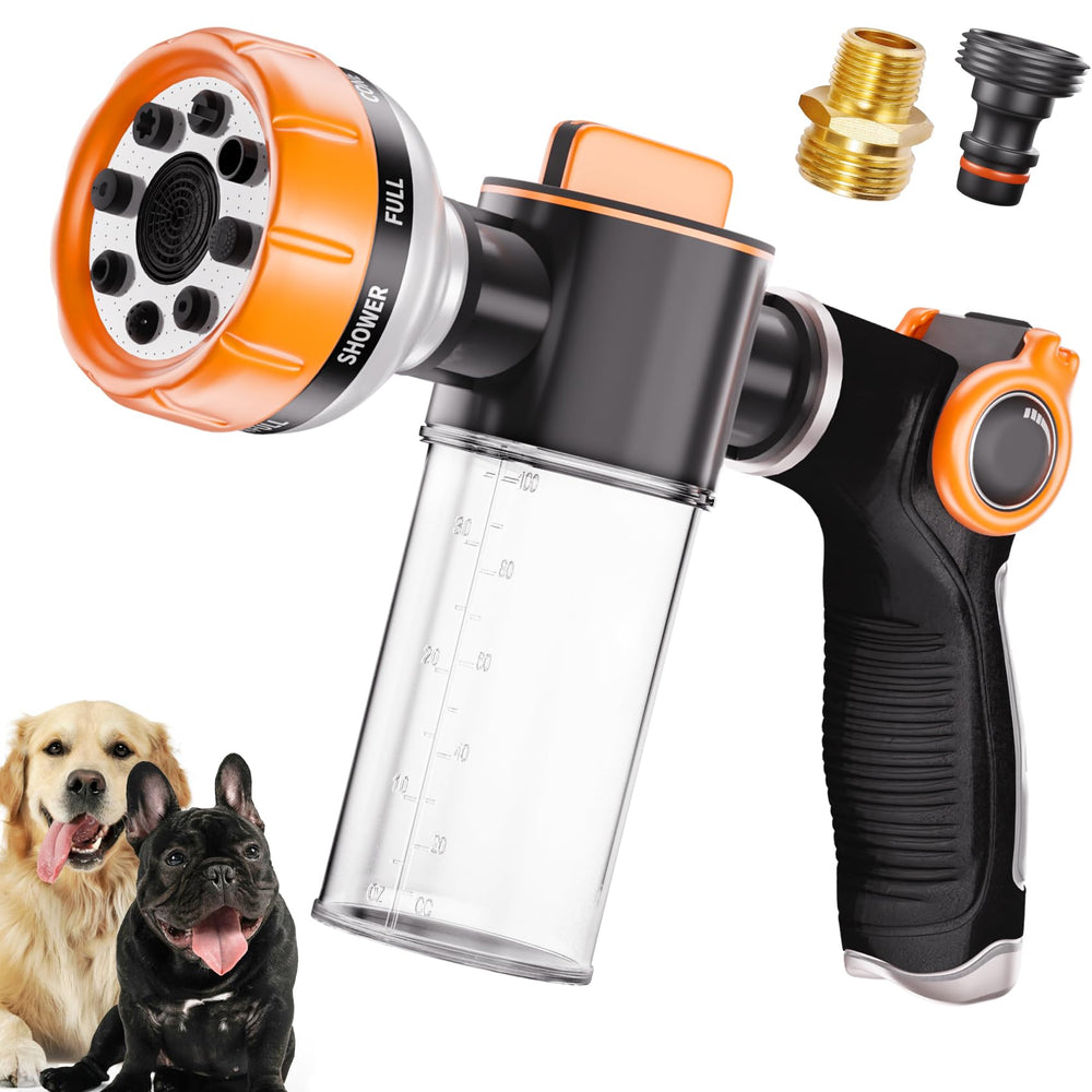 Ganciu acoplamiento de manguera para lavado de perros, ideal para uso al aire libre.