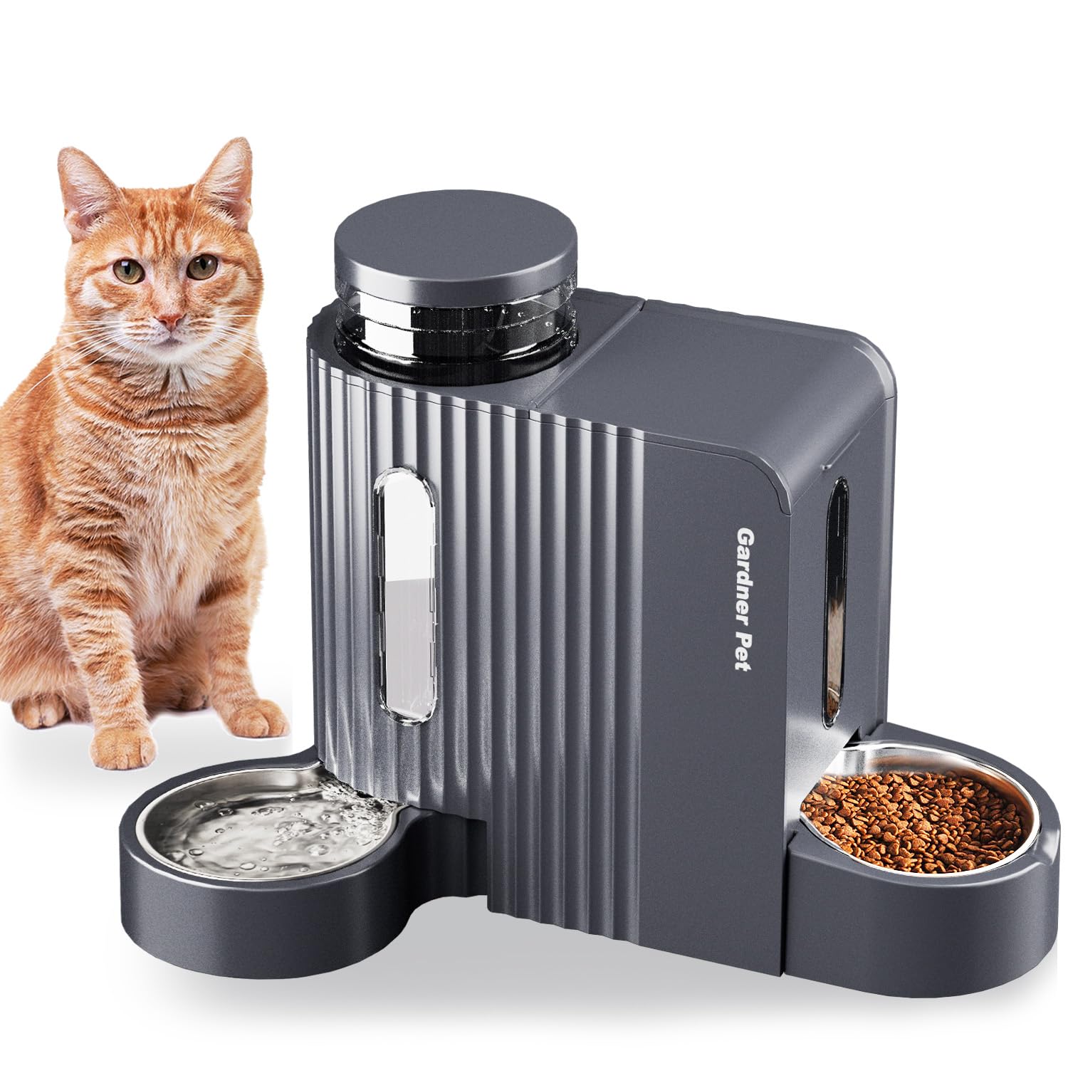 Gardner Pet alimentador automático de gravedad, vista general, ideal para dos mascotas.