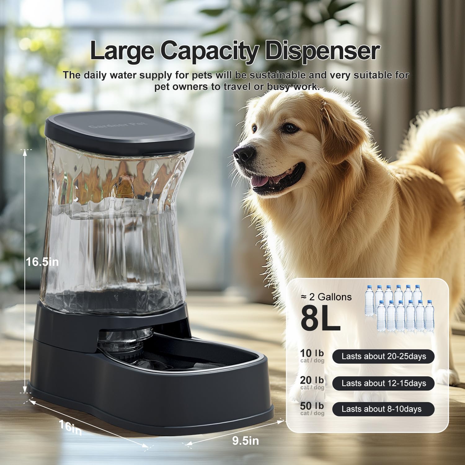 Gardner Pet capacidad 8 litros para perros y gatos, agua disponible durante viajes.