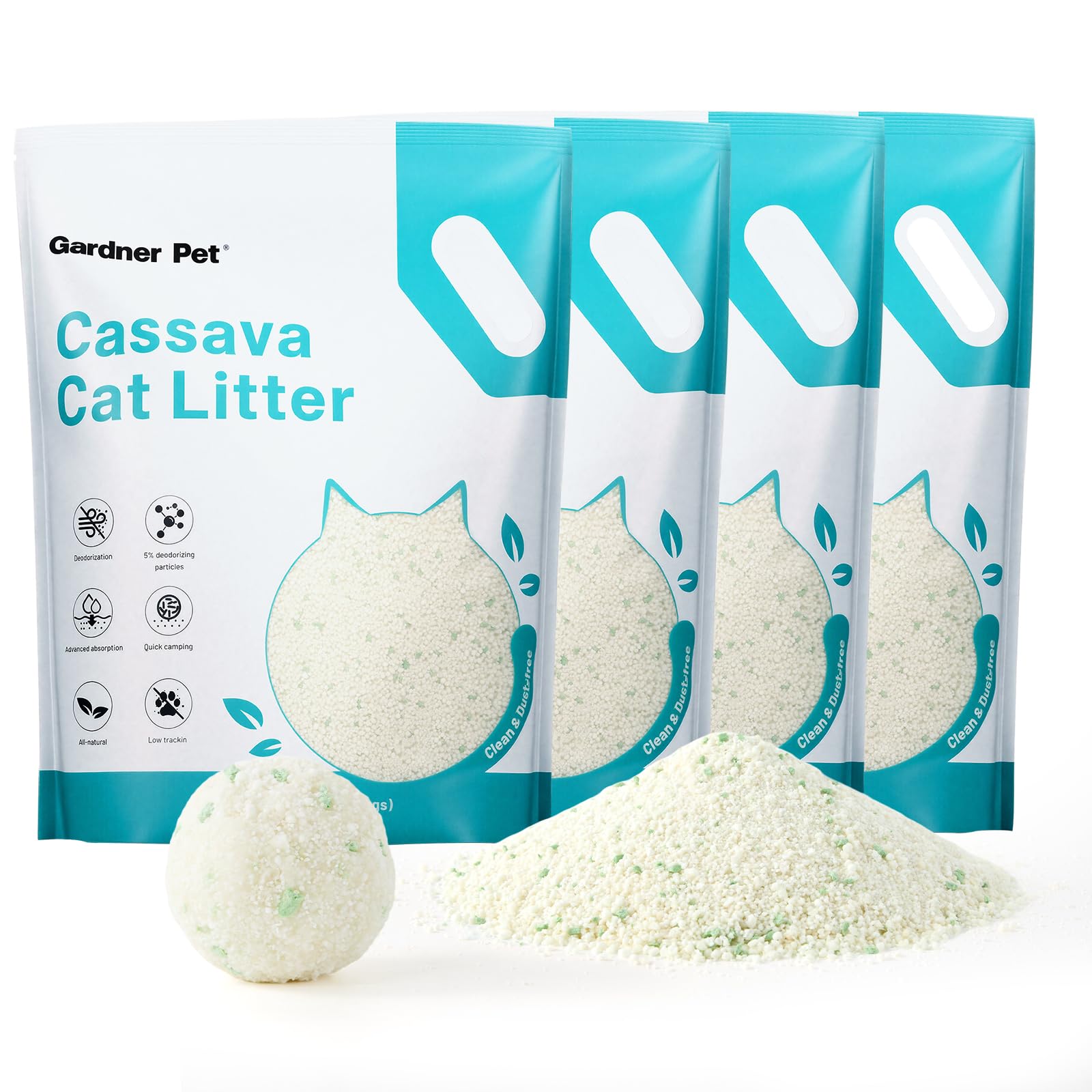 Gardner Pet Cassava Cat Litter, control de olor, mantiene la caja fresca por más tiempo.