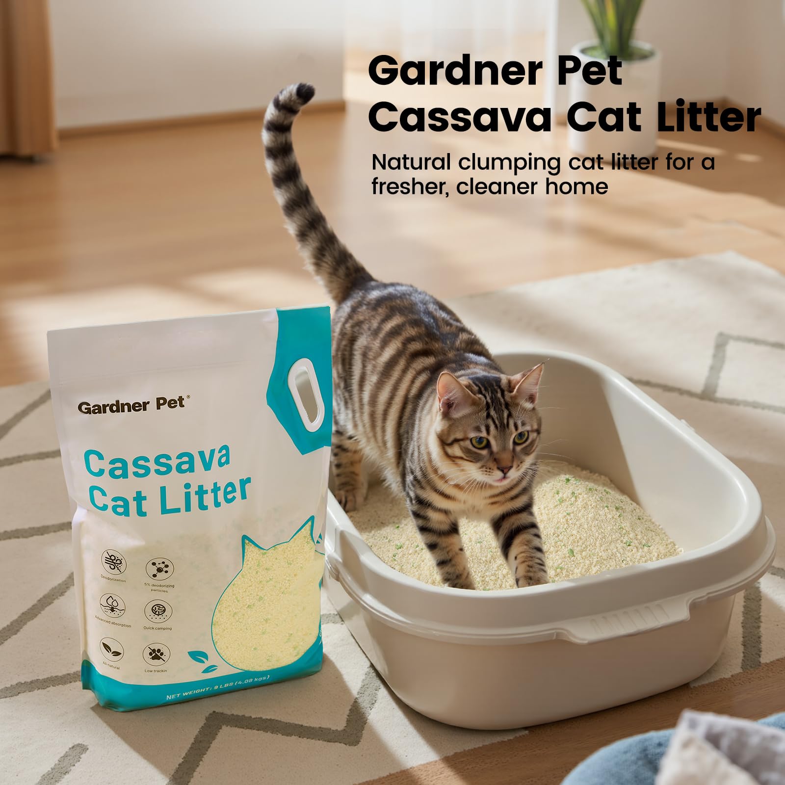 Gardner Pet Cassava Cat Litter, durabilidad y valor con absorción prolongada.