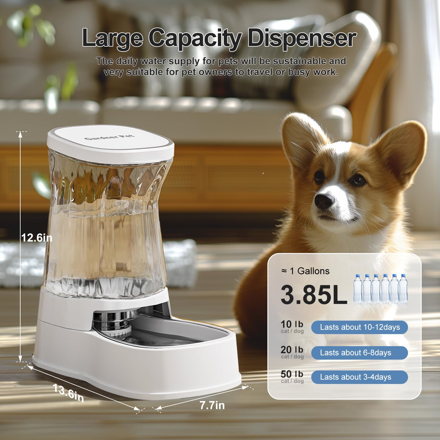 Gardner Pet con filtro de salida mantiene el agua más limpia para uso diario.