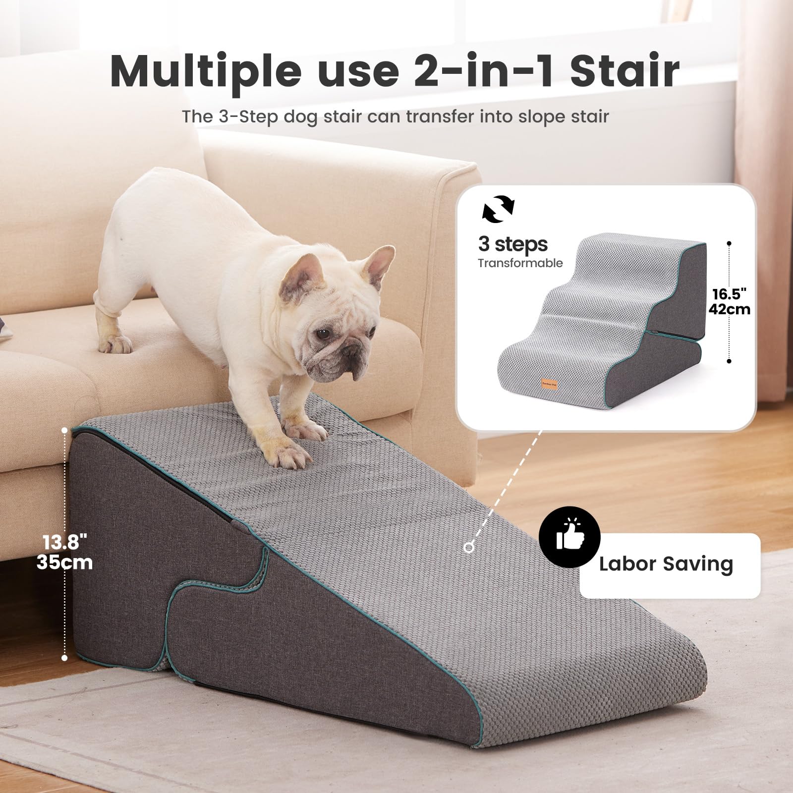 Gardner Pet escalera 2 en 1 con rampa, transforma su uso entre altura y pendiente.