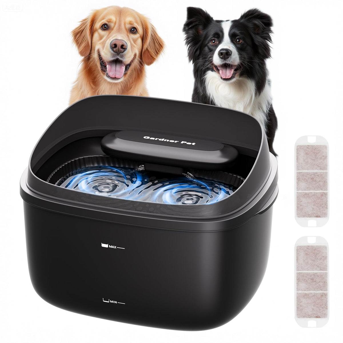 Gardner Pet fuente de agua para perros grandes con vórtice que estimula la hidratación.