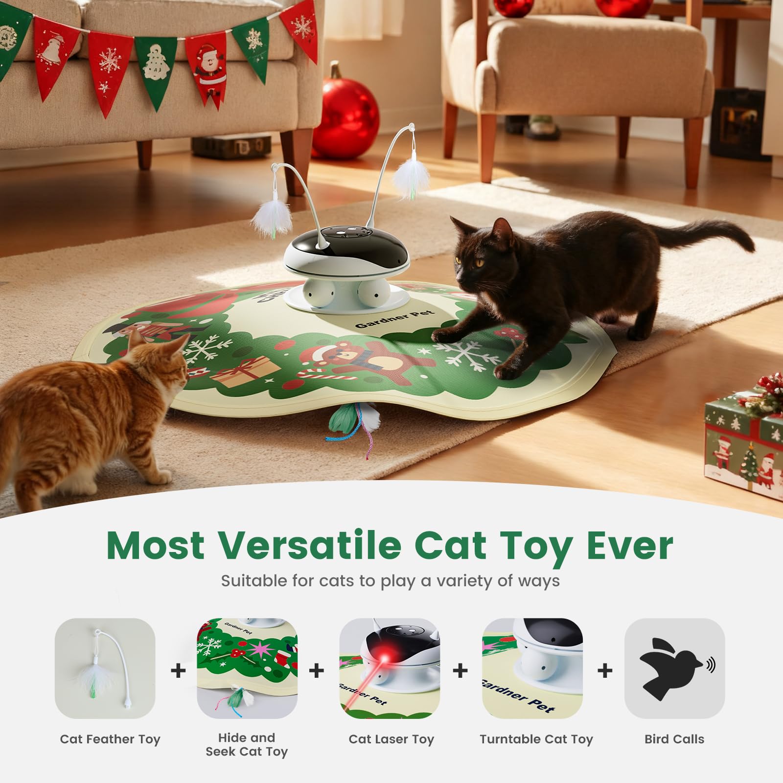 Gardner Pet juguete para gato con plumas móviles, incentiva juego dinámico.