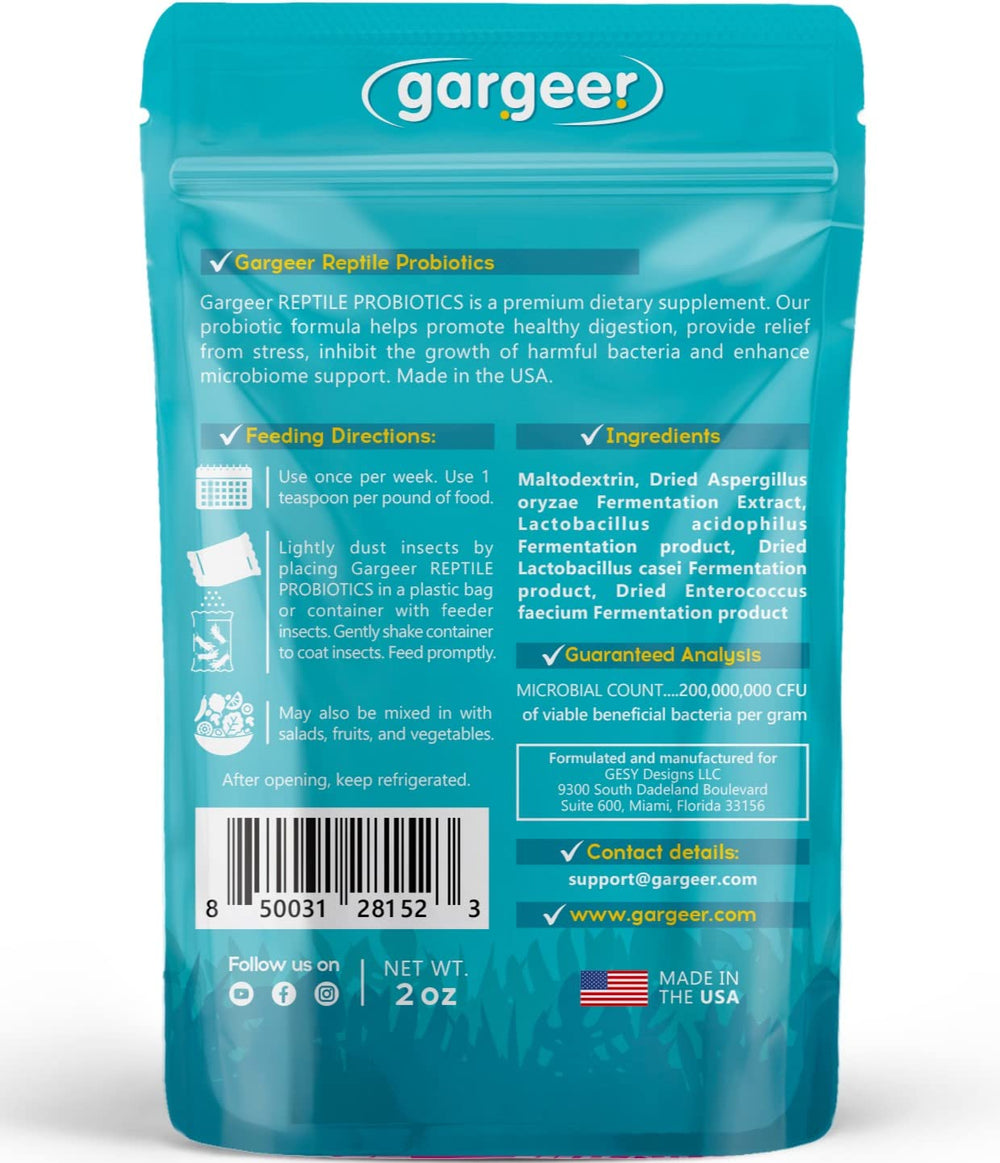 Gargeer Reptile Probiotics se mezcla en la comida para mejorar la digestión.